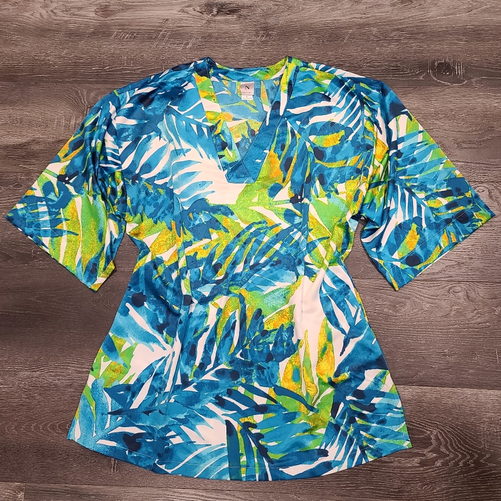 Natori Beach Tunic Top Tropical Watercolor Palm Leaf Print Women's Size XL